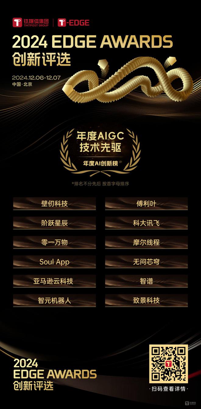 钛媒体「年度AIGC技术先驱」、「年度AI产业场景」、应用」揭榜｜2024EDGEAWARDS