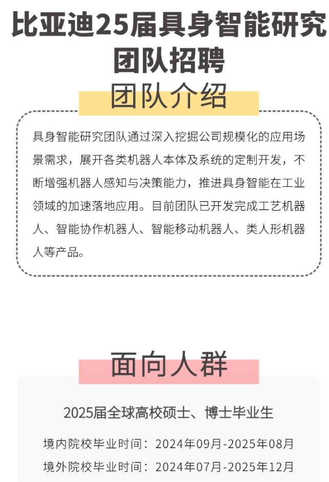 比亚迪发力具身智能全球招聘相关人才