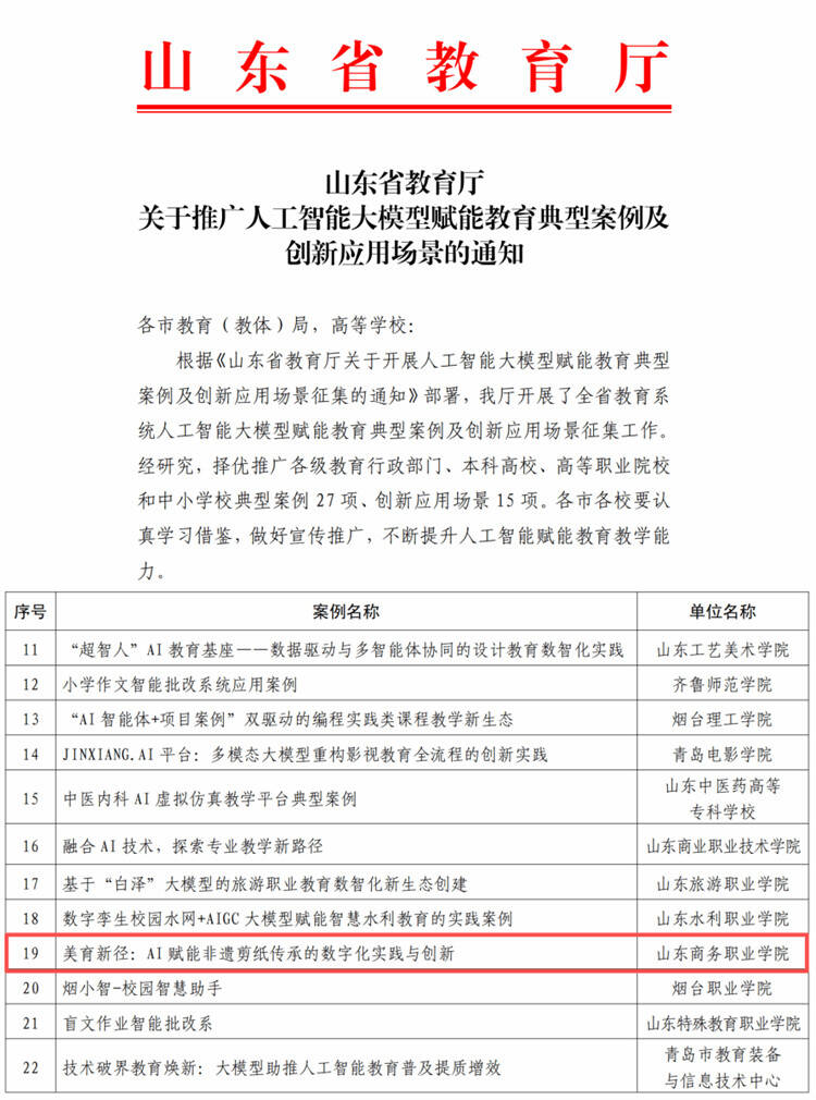 山东商务职业学院项目入选山东省人工智能大模型赋能教育典型案例
